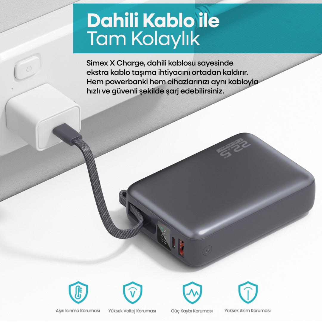 20000mAh Mini Powerbank Küçük Boy | 22.5W Hızlı Şarj | Dahili USB-C ve Lightning Kablo