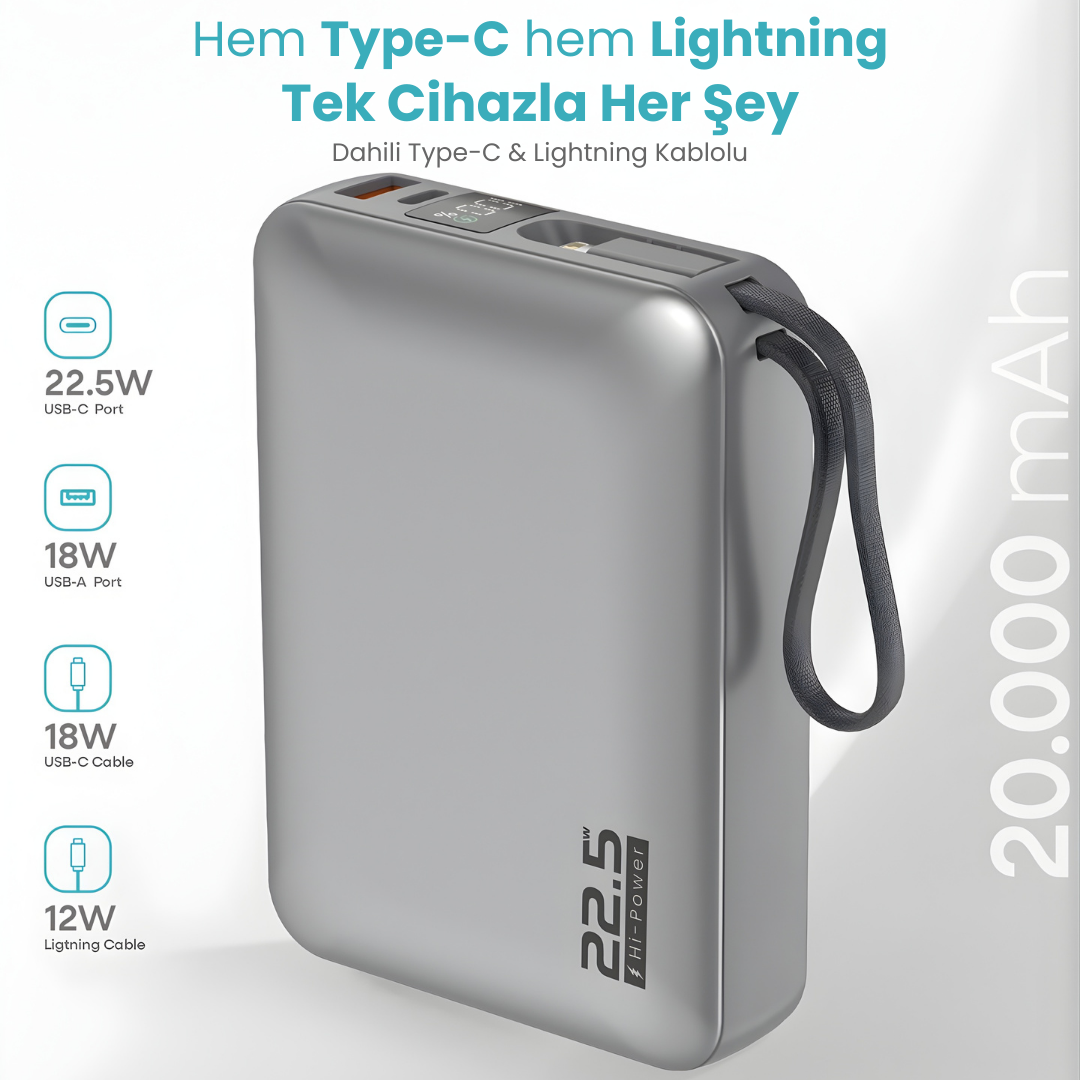 20000mAh Mini Powerbank Küçük Boy | 22.5W Hızlı Şarj | Dahili USB-C ve Lightning Kablo