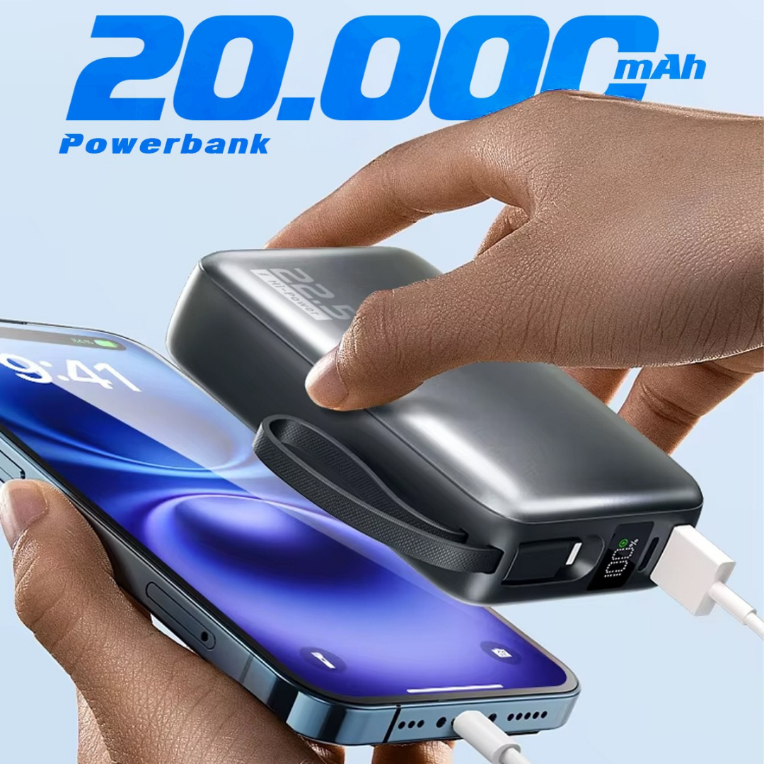 20000mAh Mini Powerbank Küçük Boy | 22.5W Hızlı Şarj | Dahili USB-C ve Lightning Kablo