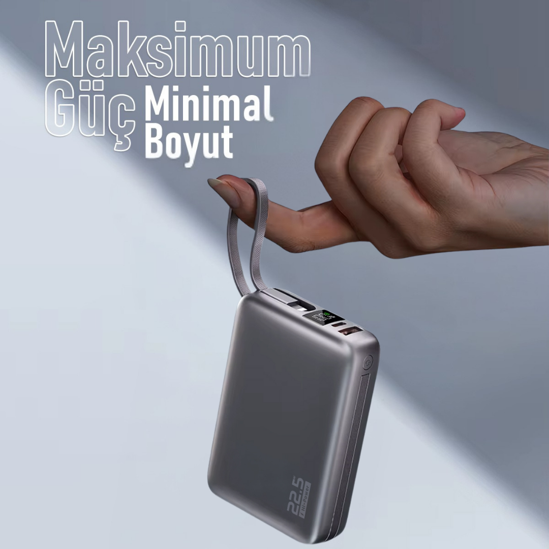 20000mAh Mini Powerbank Küçük Boy | 22.5W Hızlı Şarj | Dahili USB-C ve Lightning Kablo