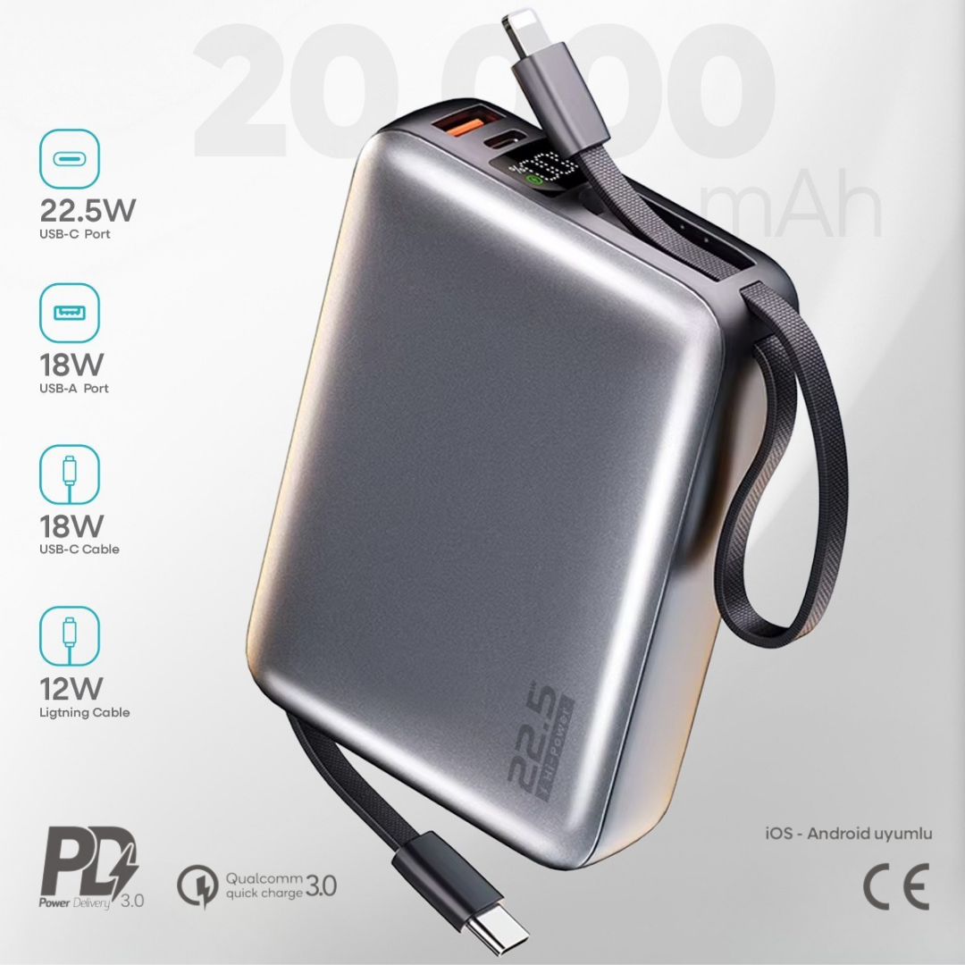 20000mAh Mini Powerbank Küçük Boy | 22.5W Hızlı Şarj | Dahili USB-C ve Lightning Kablo