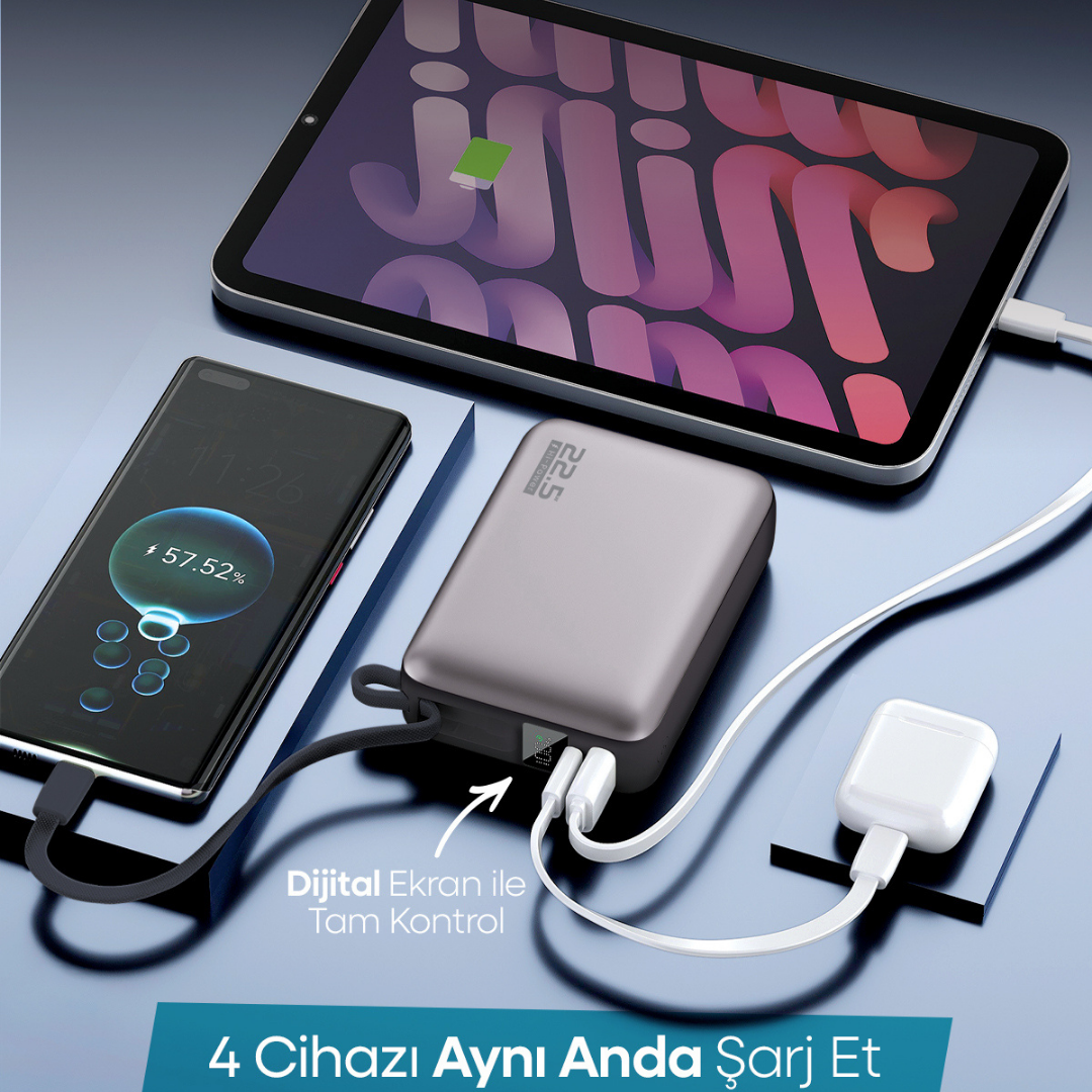 20000mAh Mini Powerbank Küçük Boy | 22.5W Hızlı Şarj | Dahili USB-C ve Lightning Kablo