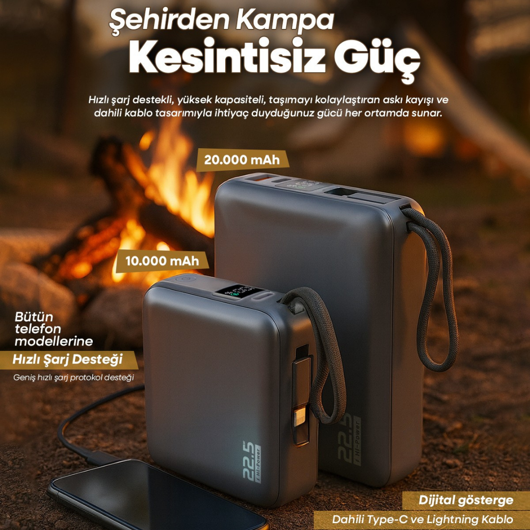20000mAh Mini Powerbank Küçük Boy | 22.5W Hızlı Şarj | Dahili USB-C ve Lightning Kablo