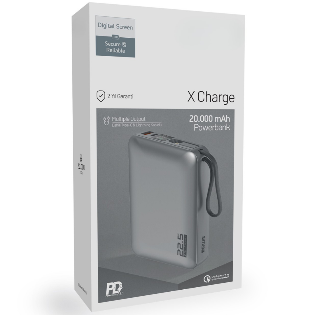 20000mAh Mini Powerbank Küçük Boy | 22.5W Hızlı Şarj | Dahili USB-C ve Lightning Kablo