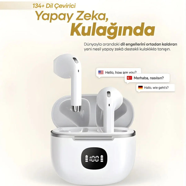 Beyaz renkli, kutulu anlık dil çevirici kablosuz bluetooth kulaklık.