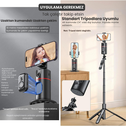 Telefon Tutucu Yüz Takipli Akıllı Tripod – Yapay Zeka ile 360° Otomatik Hareket Takibi