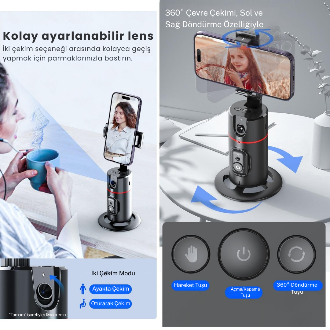 Telefon Tutucu Yüz Takipli Akıllı Tripod – Yapay Zeka ile 360° Otomatik Hareket Takibi