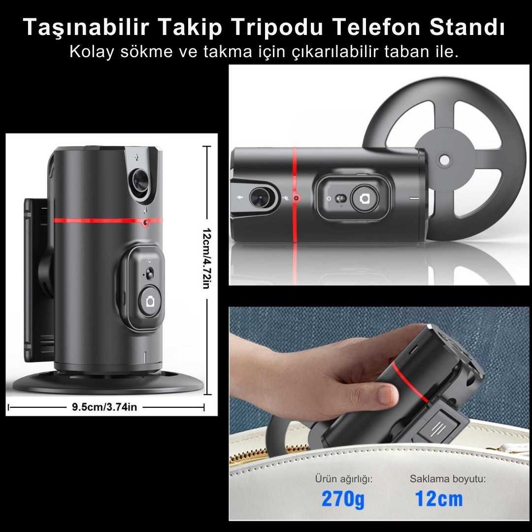 Telefon Tutucu Yüz Takipli Akıllı Tripod – Yapay Zeka ile 360° Otomatik Hareket Takibi